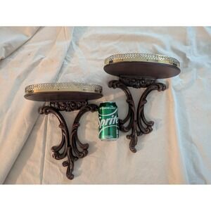 Lot of 2 Syroco Wood Wall Corbel Shelves  Brass Gallery Rail MCM 11 In